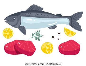 Atún de salmón de pescado alimento trozo de filete de trozo de filete aislado. Ilustración del diseño gráfico del vector