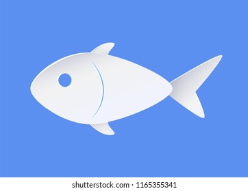 Fish sample icon symbol of nautical marine life. Paper cut white relief fingerling vector illustration in minimalistic style isolated on blue backdrop