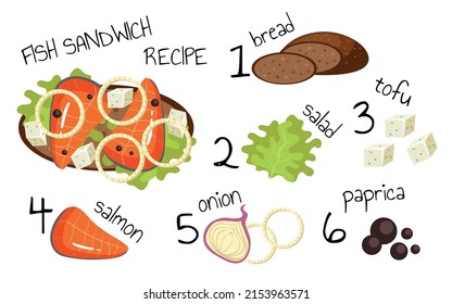 Fish sandwich resipe steps isolated set collection. Vector flat cartoon graphic design illustration