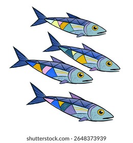 Peixe. Sardinha peixes formas abstratas em estilo de vidro manchado. Azul, rosa, verde, laranja, tons contrastantes, pinceladas de aquarela, linhas pretas claras. Ilustração vetorial isolada no plano de fundo branco