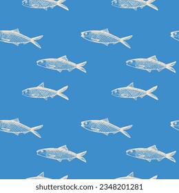 Fish Sardine seamless pattern. Background with pilchard drawing. Hand drawn seafood decorative ornament for packaging design, label, print, backdrop, card, template. Vector illustration design element