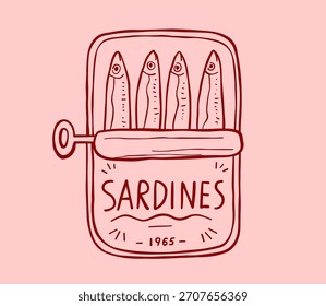 Sardinhas de peixe em lata. Linework para cartaz moderno, adesivo. Marisco ilustração rosa retro