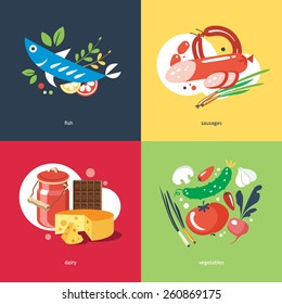 fish sausages dairy products vegetables food concept flat design