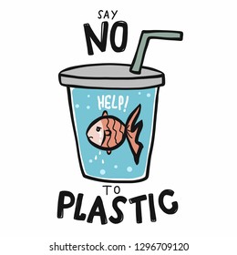 Fish say no to plastic cartoon vector illustration doodle style