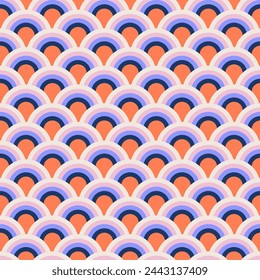 Escala de pescado abstracto geométrico groovy sin patrón. Colorido rayado medio círculo estilo de los años 70 nostálgico fondo retro. Ilustración de vector plana de verano.