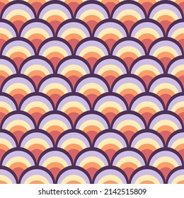 Fish scale abstract geometric seamless pattern. Colorful circles 70s style nostalgic retro background. Classic fashion print for fabric, paper