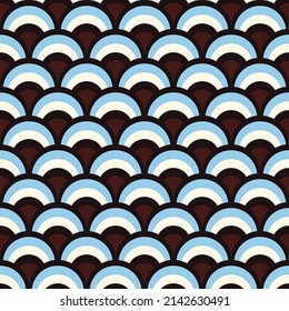 Fish scale abstract geometric seamless pattern. Colorful circles 70s style nostalgic retro background. Classic fashion print for fabric, paper