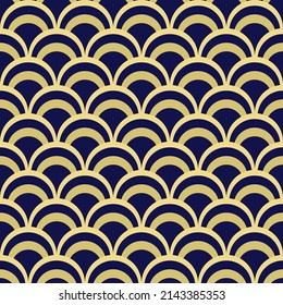 Motif abstrait géométrique harmonieux à l'échelle de poissons. Arrière-plan rétro nostalgique de style art déco coloré. Impression de mode asiatique classique avec des arcs pour tissu, papier
