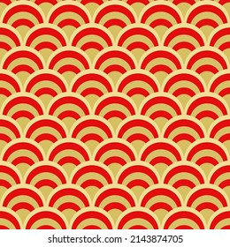 Patrón abstracto geométrico sin soldadura de escala de peces. Colorido estilo art decó nostálgico de fondo retro. Impresión de moda asiática clásica con arcos para tela, papel