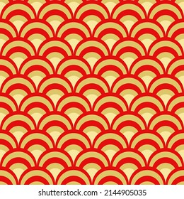 Patrón abstracto geométrico sin soldadura de escala de peces. Colorido estilo art decó nostálgico de fondo retro. Impresión de moda asiática clásica con arcos para tela, papel