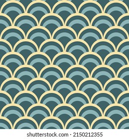 Patrón abstracto geométrico sin soldadura de escala de peces. Colorido estilo art decó nostálgico de fondo retro. Impresión de moda asiática clásica con arcos para tela, papel
