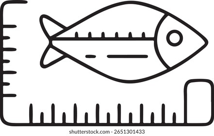 Ícone de linha preta da régua de medição da escala de peixes, Ferramenta de tamanho editável, Artes de pesca, vetor preto limpo, Equipamento de linha plana