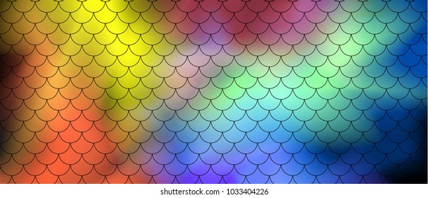 Fish scale motif pattern on abstract background of multi-colored transparent smoke on a black background. Vector art