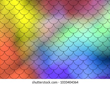 Fish scale motif pattern on abstract background of multi-colored transparent smoke on a black background. Vector art