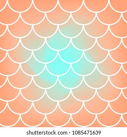 Fish scale on trendy gradient background. Square backdrop with fish scale ornament. Bright color transitions. Mermaid tail banner and invitation. Underwater and sea pattern. Warm peachy colors.