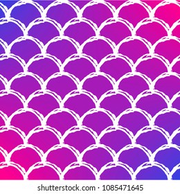 Fish scale on trendy gradient background. Square backdrop with fish scale ornament. Bright color transitions. Mermaid tail banner and invitation. Underwater and sea pattern. Blue, purple, pink colors.