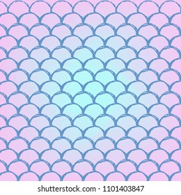 Fish scale on trendy gradient background. Square backdrop with fish scale ornament. Bright color transitions. Mermaid tail banner and invitation. Underwater and sea pattern. Blue, rose, pink colors.