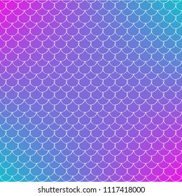 Fish scale on trendy gradient background. Square backdrop with fish scale ornament. Bright color transitions. Mermaid tail banner and invitation. Underwater and sea pattern. Blue, purple, pink colors.