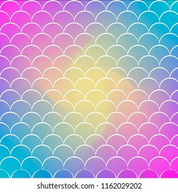 Fish scale on trendy gradient background. Square backdrop with fish scale ornament. Bright color transitions. Mermaid tail banner and invitation. Underwater and sea pattern.Rainbow colors.
