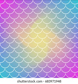 Fish scale on trendy gradient background. Square backdrop with fish scale ornament. Bright color transitions. Mermaid tail banner and invitation. Underwater and sea pattern.Rainbow colors.