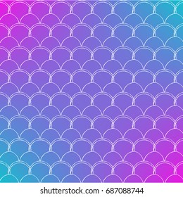 Fish scale on trendy gradient background. Square backdrop with fish scale ornament. Bright color transitions. Mermaid tail banner and invitation. Underwater and sea pattern. Blue, purple, pink colors.