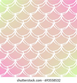 Fish scale on trendy gradient background. Square backdrop with fish scale ornament. Bright color transitions. Mermaid tail banner and invitation. Underwater and sea pattern. Warm peachy colors.