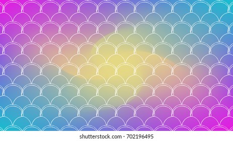 Fish scale on trendy gradient background. Horizontal backdrop with fish scale ornament. Bright color transitions. Mermaid tail banner and invitation. Underwater sea pattern. Rainbow colors.
