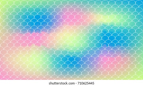 Fish scale on trendy gradient background. Horizontal backdrop with fish scale ornament. Bright color transitions. Mermaid tail banner and invitation. Underwater sea pattern. Rainbow colors.