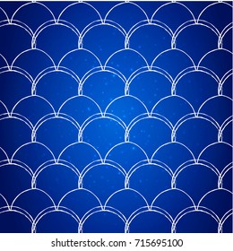 Fish scale on trendy gradient background. Square backdrop with fish scale ornament. Bright color transitions. Mermaid tail banner and invitation. Underwater and sea pattern. Deep blue colors.