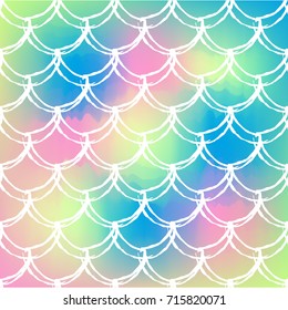 Fish scale on trendy gradient background. Square backdrop with fish scale ornament. Bright color transitions. Mermaid tail banner and invitation. Underwater and sea pattern. Rainbow colors.