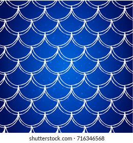 Fish scale on trendy gradient background. Square backdrop with fish scale ornament. Bright color transitions. Mermaid tail banner and invitation. Underwater and sea pattern. Deep blue colors.