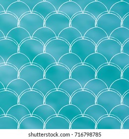 Fish scale on trendy gradient background. Square backdrop with fish scale ornament. Bright color transitions. Mermaid tail banner and invitation. Underwater and sea pattern. Turquoise, blue colors.