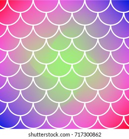 Fish scale on trendy gradient background. Square backdrop with fish scale ornament. Bright color transitions. Mermaid tail banner and invitation. Underwater and sea pattern.Rainbow colors.