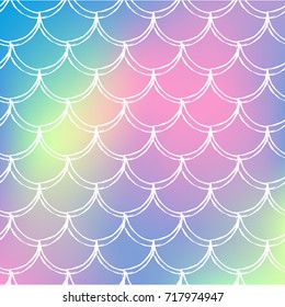 Fish scale on trendy gradient background. Square backdrop with fish scale ornament. Bright color transitions. Mermaid tail banner and invitation. Underwater and sea pattern. Rainbow colors.
