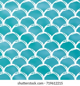 Fish scale on trendy gradient background. Square backdrop with fish scale ornament. Bright color transitions. Mermaid tail banner and invitation. Underwater and sea pattern. Turquoise, blue colors.