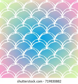 Fish scale on trendy gradient background. Square backdrop with fish scale ornament. Bright color transitions. Mermaid tail banner and invitation. Underwater and sea pattern. Rainbow colors.