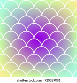 Fish scale on trendy gradient background. Square backdrop with fish scale ornament. Bright color transitions. Mermaid tail banner and invitation. Underwater and sea pattern.Rainbow colors.