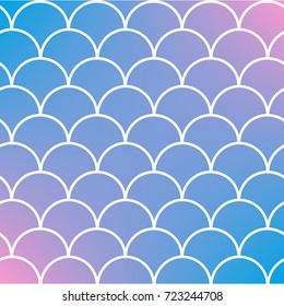 Fish scale on trendy gradient background. Square backdrop with fish scale ornament. Bright color transitions. Mermaid tail banner and invitation. Underwater and sea pattern. Blue, rose, pink colors.