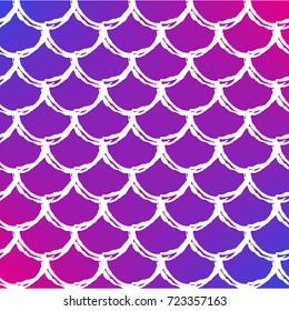 Fish scale on trendy gradient background. Square backdrop with fish scale ornament. Bright color transitions. Mermaid tail banner and invitation. Underwater and sea pattern. Blue, purple, pink colors.
