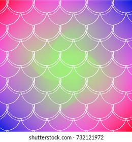Fish scale on trendy gradient background. Square backdrop with fish scale ornament. Bright color transitions. Mermaid tail banner and invitation. Underwater and sea pattern. Rainbow colors.