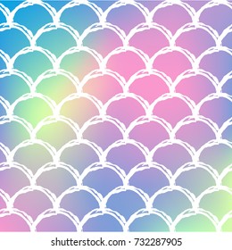 Fish scale on trendy gradient background. Square backdrop with fish scale ornament. Bright color transitions. Mermaid tail banner and invitation. Underwater and sea pattern. Rainbow colors.