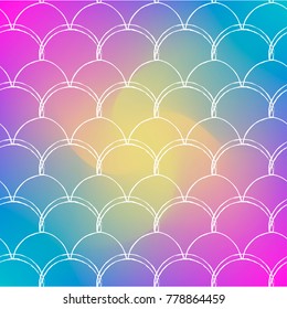 Fish scale on trendy gradient background. Square backdrop with fish scale ornament. Bright color transitions. Mermaid tail banner and invitation. Underwater and sea pattern. Rainbow colors.