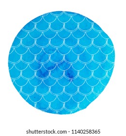 Fish scale on watercolor background. Bright colors. Mermaid tail banner and invitation. Hand drawn round backdrop with fish scale ornament. Girl underwater and sea pattern. Blue vector.