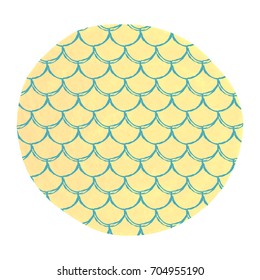 Fish scale on watercolor background. Bright colors. Mermaid tail banner and invitation. Hand drawn round backdrop with fish scale ornament. Girl underwater and sea pattern. Yellow vector.