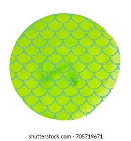 Fish scale on watercolor background. Bright colors. Mermaid tail banner and invitation. Hand drawn round backdrop with fish scale ornament. Girl underwater and sea pattern. Green vector.