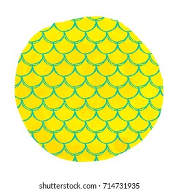 Fish scale on watercolor background. Bright colors. Mermaid tail banner and invitation. Hand drawn round backdrop with fish scale ornament. Girl underwater and sea pattern. Yellow vector.