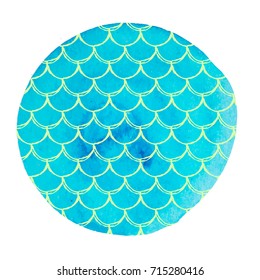 Fish scale on watercolor background. Bright colors. Mermaid tail banner and invitation. Hand drawn round backdrop with fish scale ornament. Girl underwater and sea pattern. Blue vector.