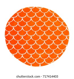 Fish scale on watercolor background. Bright colors. Mermaid tail banner and invitation. Hand drawn round backdrop with fish scale ornament. Girl underwater and sea pattern. Orange vector.