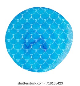 Fish scale on watercolor background. Bright colors. Mermaid tail banner and invitation. Hand drawn round backdrop with fish scale ornament. Girl underwater and sea pattern. Blue vector.