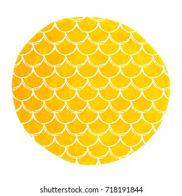 Fish scale on watercolor background. Bright colors. Mermaid tail banner and invitation. Hand drawn round backdrop with fish scale ornament. Girl underwater and sea pattern. Yellow vector.
